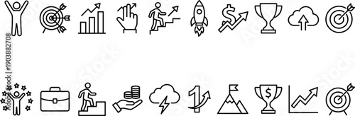 Business success and growth line icons collection showing achievement, target goals, financial progress, leadership, motivation and performance symbols for modern vector design
