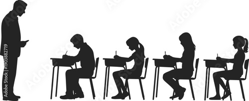Classroom exam silhouettes illustration, teacher supervising students writing test at desks, education assessment concept vector isolated on white background