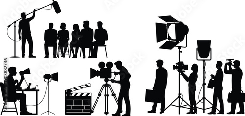 Film production silhouettes set, movie crew with camera lighting and sound equipment vector illustration isolated on white background