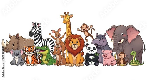 Assorted cartoon animals gathered together in a lively illustration showcasing wildlife diversity