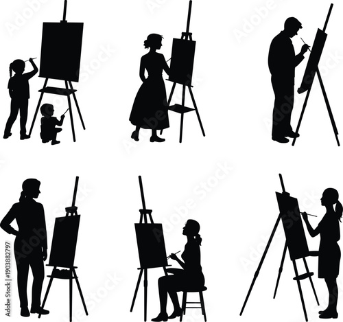Artist painting silhouettes collection, people drawing on easel vector set, creative art studio illustration isolated on white background