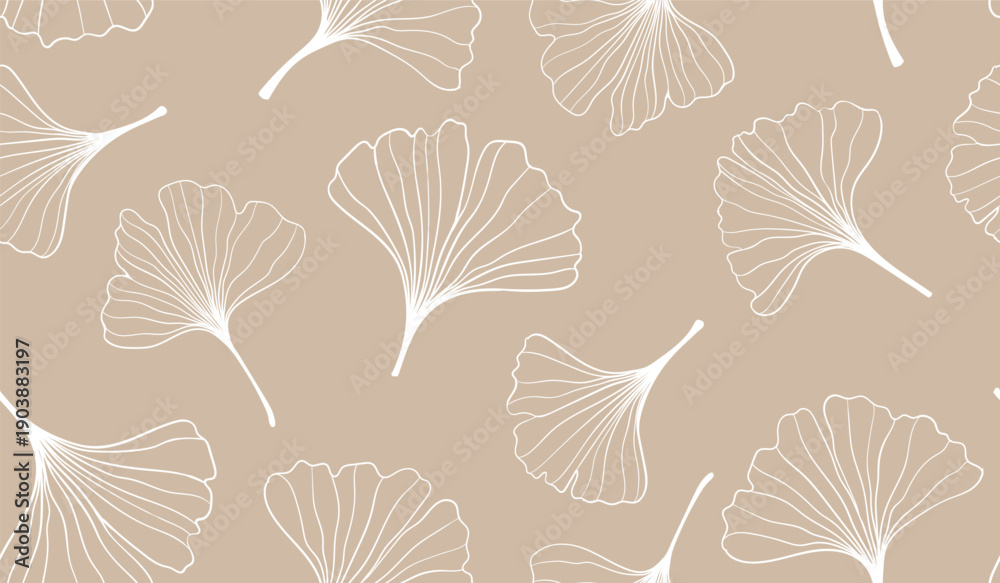 Fototapeta seamless pattern of hand draw illustrations floral outline golden ginkgo biloba leaves on pink background. for wall decoration, postcard or brochure cover design