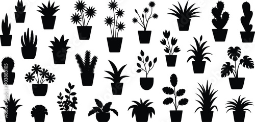 Potted plant silhouettes collection, indoor houseplants and cactus set, black botanical decor elements, minimalist vector illustration for interior design