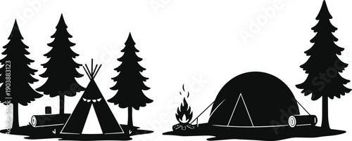 Camping scene silhouettes with teepee and dome tents, pine trees campfire and logs, outdoor adventure vector art, cad drawing flat vector illustration