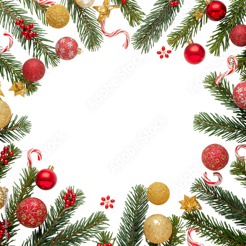 Decorative Christmas Frame With Pine Branches and Ornaments in Red, Gold, and...