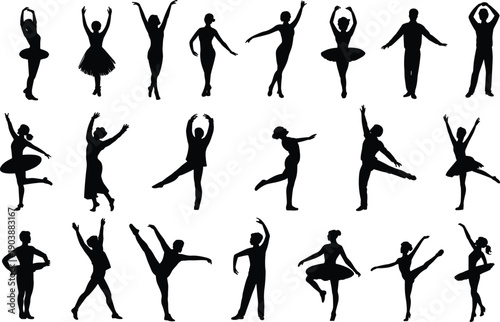 Ballet dancer silhouettes collection, classical dance poses set, male and female performers, black human figures, minimalist vector illustration