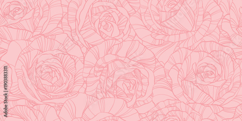 Luxury background with outline roses flowers, buds and leaves seamless pattern. Hand drawn botanical elegant roses flower in line art style. Vector card, wedding invitation, wallpaper, cover