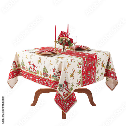Table With Decorative Cloth and Flowers in a Simple Setting for Dining or Gat...