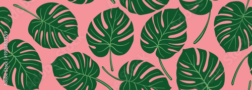 Modern seamless pattern with trendy tropical palm monstera leaves on pink background. Suitable for backgrounds, wallpapers, textiles, prints
