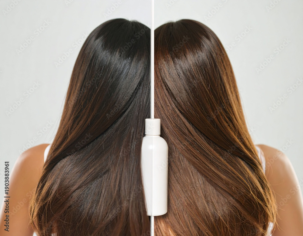 Fototapeta premium Beautiful before and after hair transformation showing a shift from dark to light brown. A sleek white bottle highlights the coloring process, ideal for beauty and hair care salon marketing.