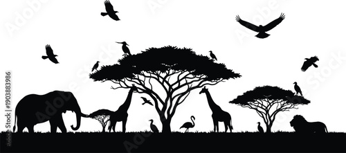 African savanna silhouette, elephant, giraffe, lion, birds, wildlife, nature, ecosystem, vector, illustration, abstract, design, forest, jungle, ecology, environment, biodiversity, outdoor, landscape