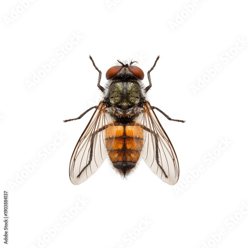 Close up View of a Fly With Orange and Black Markings on a White Background