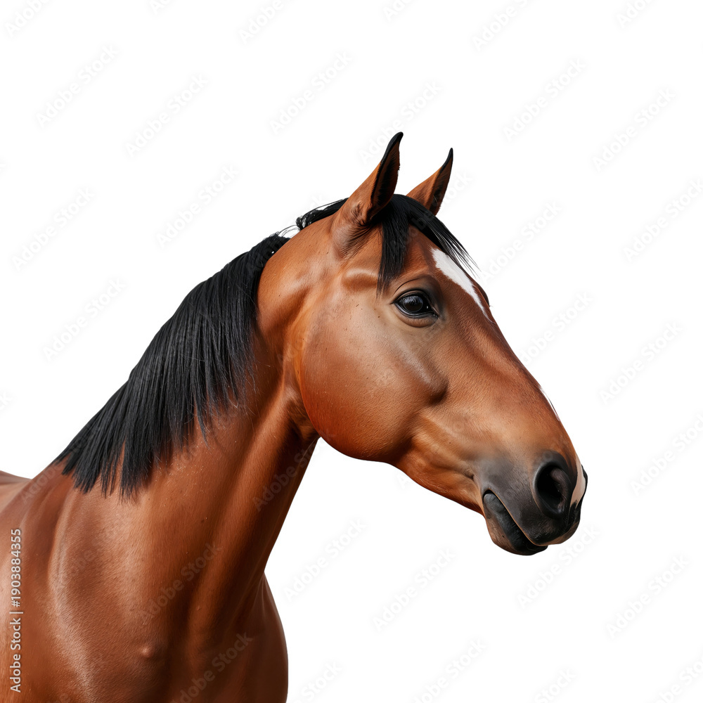 Obraz premium Brown Horse Head Portrait With Smooth Features and Black Mane Captured Against a White Background