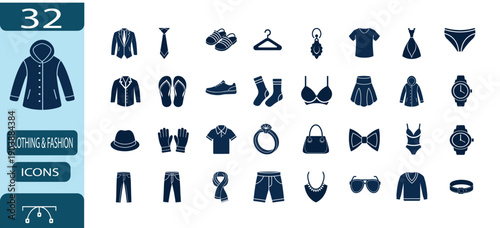 Clothing and fashion accessories icon set, modern men and women apparel symbol, casual wear and jewelry vector illustration with editable stroke.