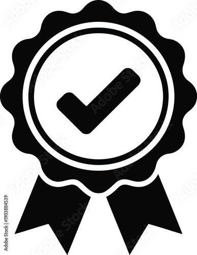 A black and white seal of approval with a checkmark in the center