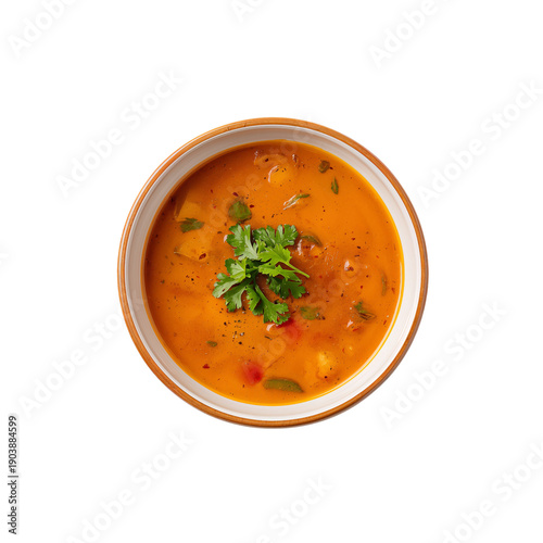 Bowl of Soup With Chicken, Tomatoes, and Herbs Served on a White Background