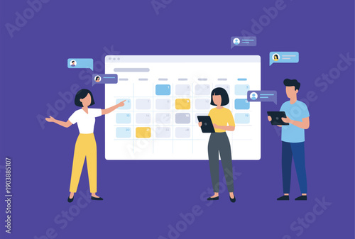 People coordinating tasks and appointments on a digital calendar with chat notifications