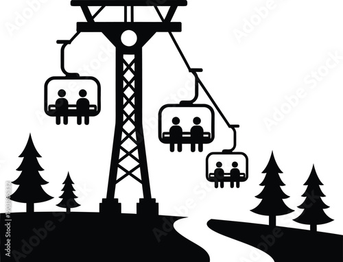 Chairlift at a ski resort with support tower, cables, open chairs carrying people. through evergreen trees, winter snow and mountain peak 