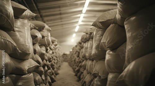 Rows of bulk sacks containing nutrient rich fortified flour neatly stacked within a dimly lit warehouse industrial storage facility