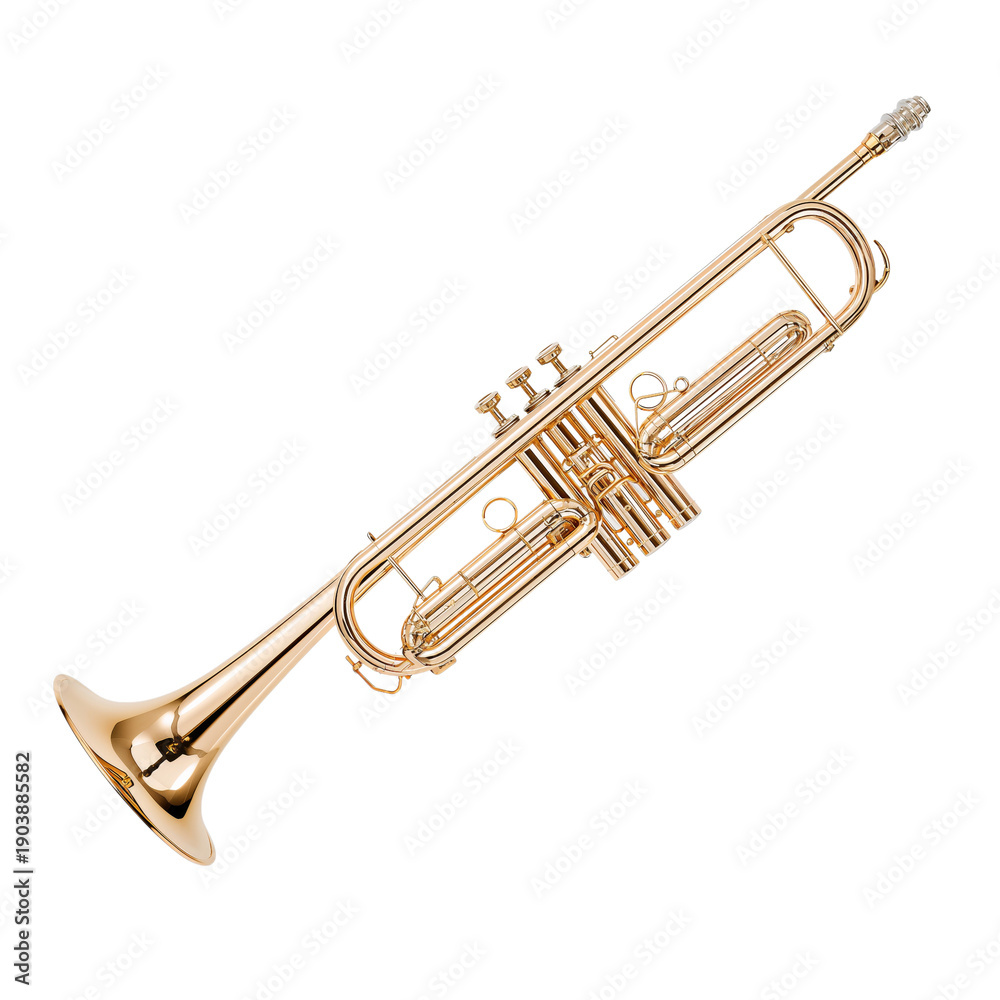 Fototapeta premium Brass Trumpet Placed on a White Background Showing Its Shiny Surface and Detailed Features