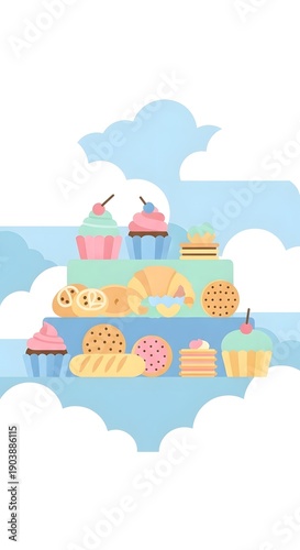 Assorted colorful desserts including cupcakes and cookies on clouds  