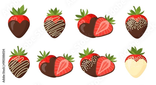 Chocolate-covered strawberries in various styles and decorations  