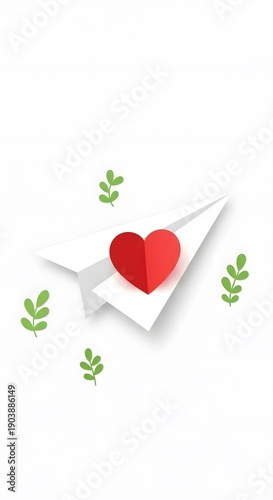 Paper airplane with red heart and green leaves on white background  