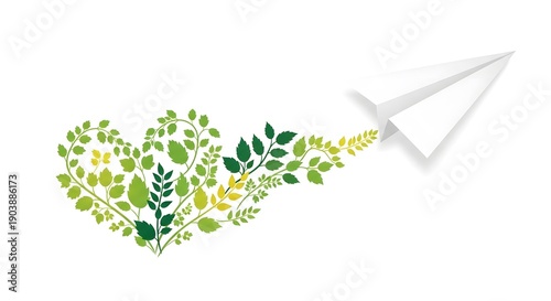 Paper airplane flying from green leaf heart in minimalist design  