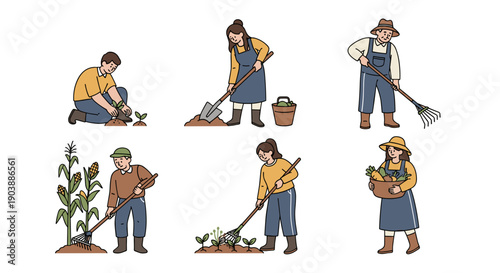 A colorful vector graphic illustration of people gardening and farming in various poses and activities