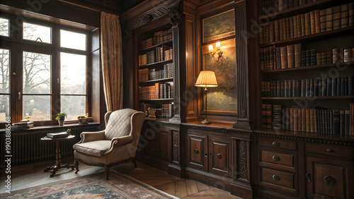 a cozy vintage home library featuring dark wooden bookshelves filled with antique books