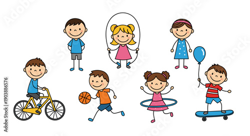 A colorful illustration of children engaging in various fun outdoor and play activities together happily