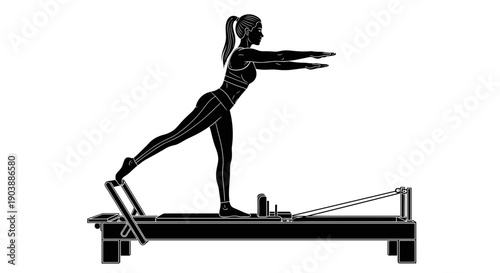 A woman in a black silhouette performs a Pilates exercise on a reformer machine with a white background