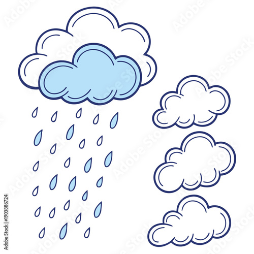 A blue and white cloud with rain and smaller clouds Vector