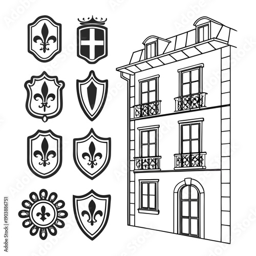 Heraldic shields and a french style building Vector