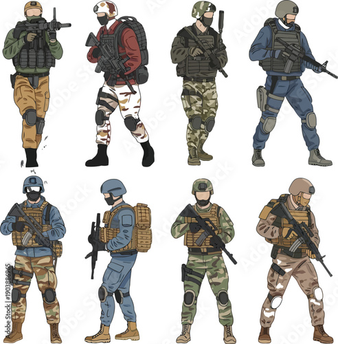 Diverse group of soldiers in various combat poses and gear
