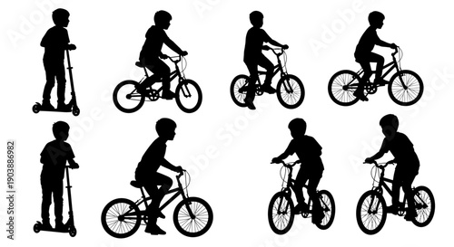 A set of silhouetted children riding bicycles and scooters in various poses on a white background