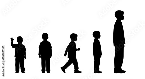 A vector graphic illustration of five silhouetted human figures of varying ages and sizes in a row