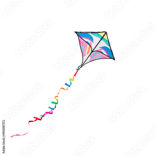 Colorful Kite Flies High in the Clear Sky With Long Tail and Bright Ribbons D...