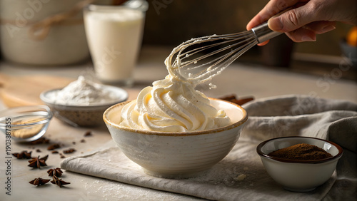 a hand whisking fresh cream in a bowl to create fluffy whipped cream, intended as a luscious dessert topping