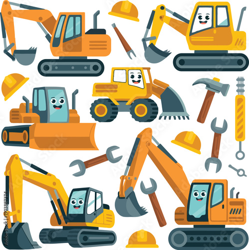A playful collection of construction vehicles and tools with friendly faces