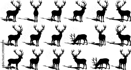 Deer stag silhouette collection featuring standing and grazing poses with antlers isolated on white background wildlife vector illustration set
