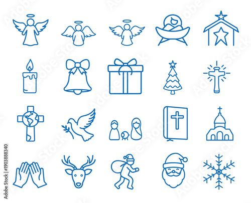 Christmas and Christian religion outline icon set, merry xmas celebration symbol, nativity scene and church holiday vector illustration with editable stroke.
