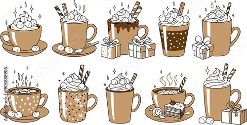 Collection of coffee cups with whipped cream isolated on transparent background