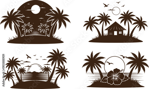 Four brown silhouette designs of tropical island scenes isolated on transparent background