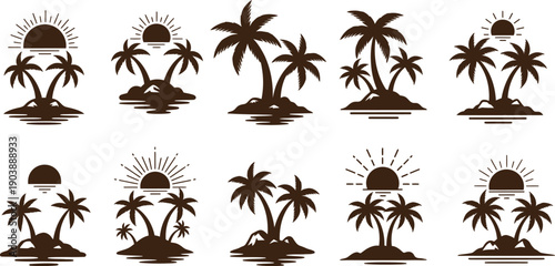 Collection of tropical island silhouettes with palm trees isolated on transparent background