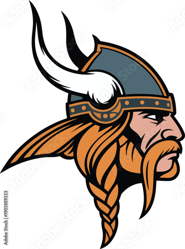 A detailed illustration of a viking warrior wearing a helmet with wings