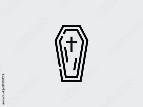 Coffin with Cross Symbol in Simple Line Art Style on White Background in Minimalist Design for Funeral Services