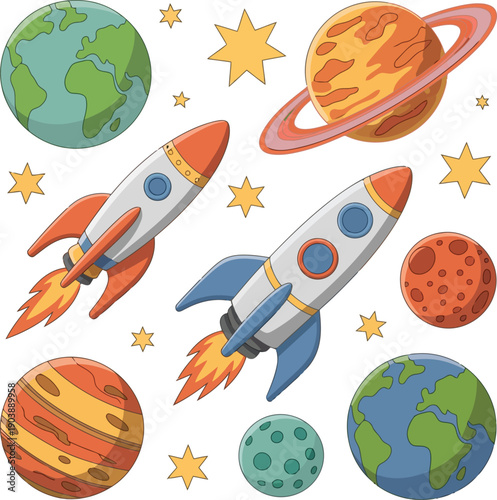 Colorful space-themed illustration featuring planets, rockets, and stars