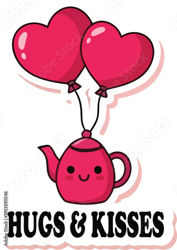 Cute cartoon teapot with hugs and kisses balloons isolated on transparent background, Vector