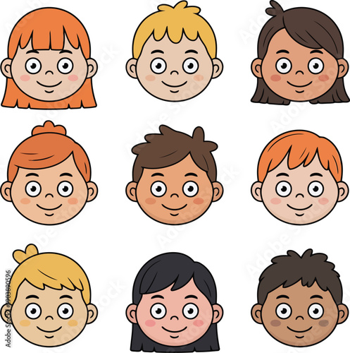 A diverse collection of cartoon children's faces with various hairstyles and expressions